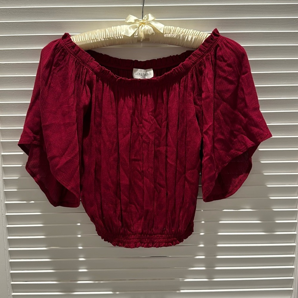 Luck & Trouble Burgundy Off Shoulder Smocked Flutter Sleeve Top (Australia)